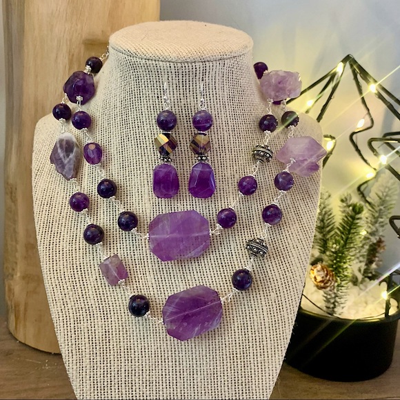 Gabriella Designs Jewelry - Handmade raw, faceted, link Amethyst & Swarovski crystal necklace & earrings set